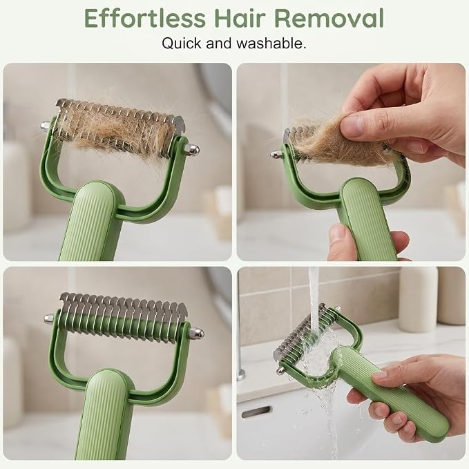 Double Sided Dematting Comb for Dogs & Cats, Undercoat Rake Pet Brush for Long Hair, Deshedding Dog Brush Removes Tangles Knots and Loose Fur, Pet Grooming Tool (Green)