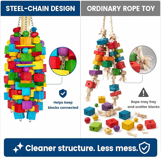 2 Pack Bird Toys Natural Wood Bird Chewing Toy with Heavy-Duty Stainless Steel Chain for Small to Medium Parrot, Cockatiel, African Grey, Amazon Parrot, Conure Bird Cage Accesso