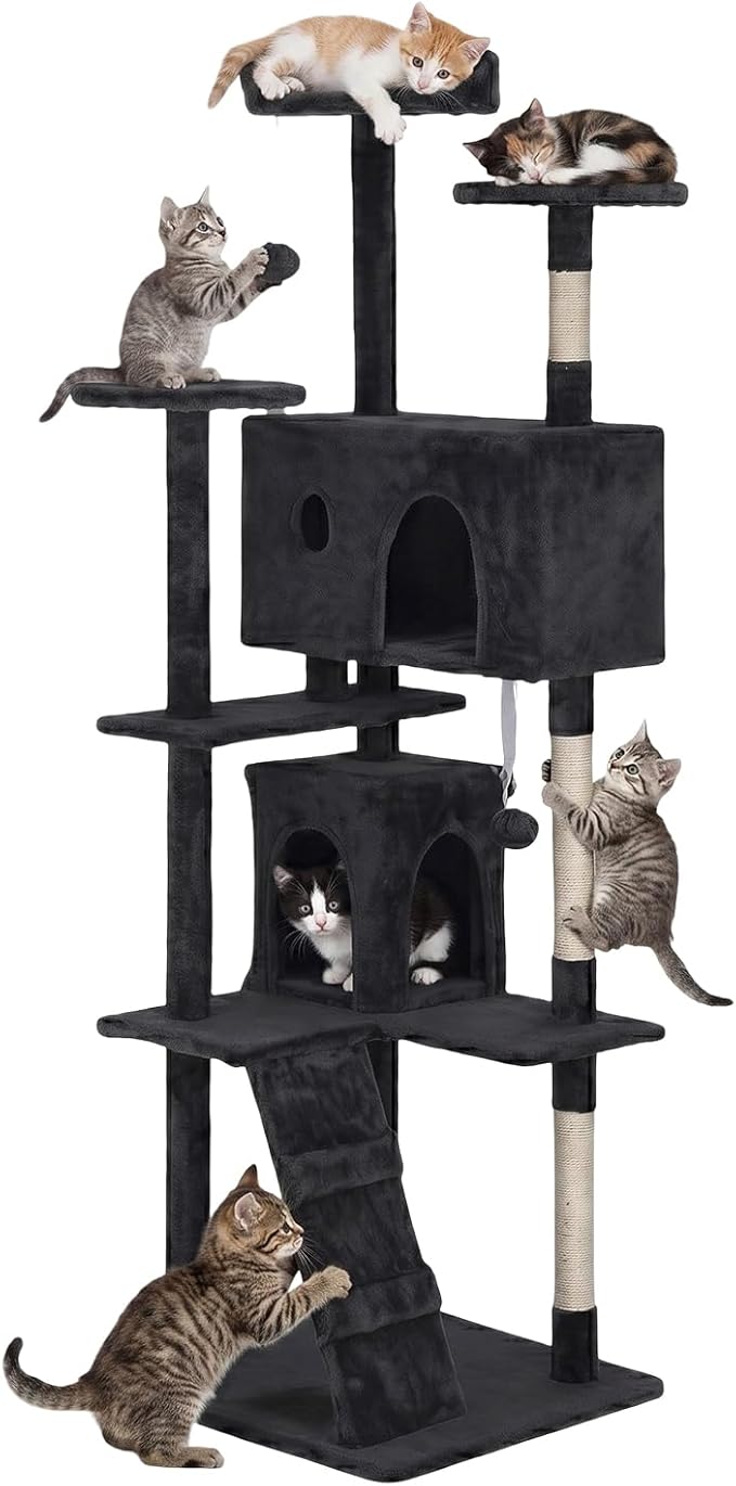 FDW | 70" Cat Tree Tower | Dark Gray | Multi-Level Indoor Activity Center with Sisal Scratching Posts, Condos, Plush Perches, Hanging Cat Toys | Sturdy, Easy to Assemble | for Kittens & Adult Cats