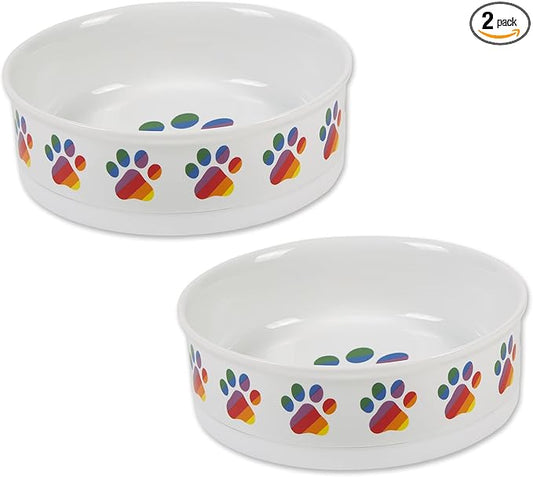 Bone Dry Ceramic Food Bowls, Non-Slip & Dishwasher Safe, Large Set, 7.5x2.4, Rainbow Paw, 2 Count