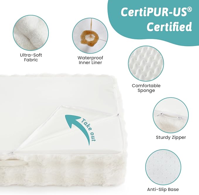 COZY KISS Orthopedic Dog Bed for Medium Small Size Dog, Soft and Warm Faux Fur Sofa for Pet Up to 40 lbs, Foam Bolster Anti-Slip Couch with Washable Removable Cover, M 30x20x6.5 inch, Beige