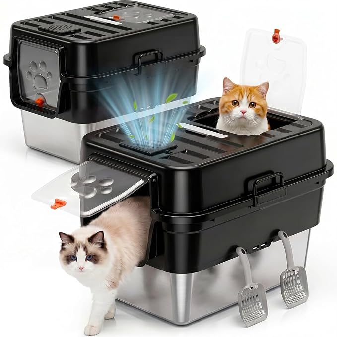 Jotesnew 2 Pack Extra Large Stainless Steel Litter Box with Lid, High Sided Enclosed Cat Litter Box for Multi-Cat Homes, Metal Cat Litter Pan, Dog Proof Front Entry Top Exit, Scoop Included, Black