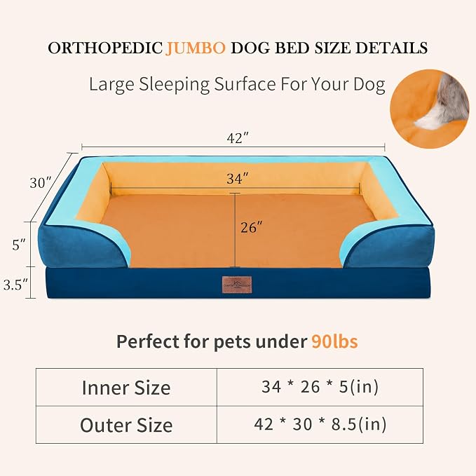 Comfort Expression Orthopedic Dog Bed for Extra Large Dogs 42x30 Inch, Waterproof Egg Crate Foam XL Pet Bed with Bolsters, Dog Couch with Washable Cover & Non-Slip Bottom, Golden Harbor