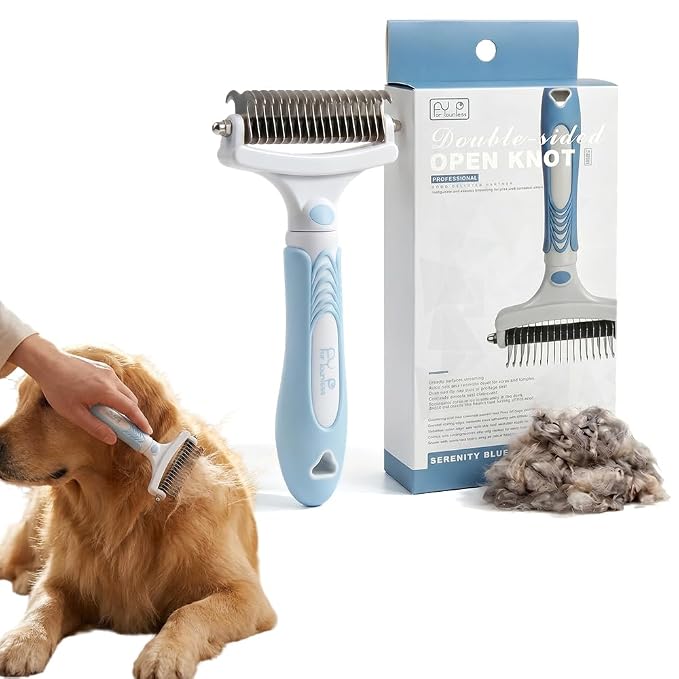 Pet Pro Grooming Tool, Deshedding Dog Brush, Double Sided Deshedding Brush for Dogs & Cats, Undercoat Rake and Dematting Comb for Removing Loose Hair (Blue)