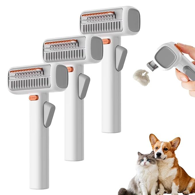 2-in-1 Pet Self-Detangling & Grooming Comb for Dogs & Cats, Dematting Brush & Undercoat Rake, One-Touch Self-Cleaning Deshedding Tool for Removing Mats, Tangles & Loose Fur (3pcs)