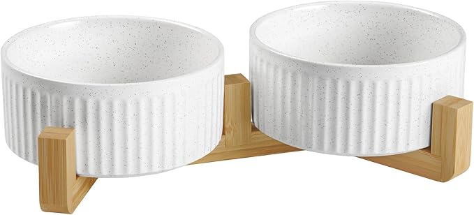 Non-Slip Ceramic Dog Bowls with Wood Stand,6" Dog Food and Water Bowl Set with Silicone Base, 32 OZ/4 Cups Weighted Flip-Proof Pet Feeding Bowl for Small Dogs and Cats (Medium,White)