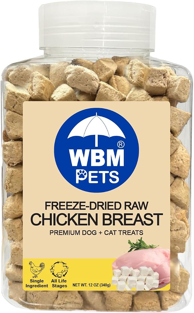 WBM Pets Freeze Dried Dog Treats | Chicken Breast, Single Ingredient | Premium Quality | Grain Free Training Treats for Dogs & Cat, 12 oz Plastic Jar