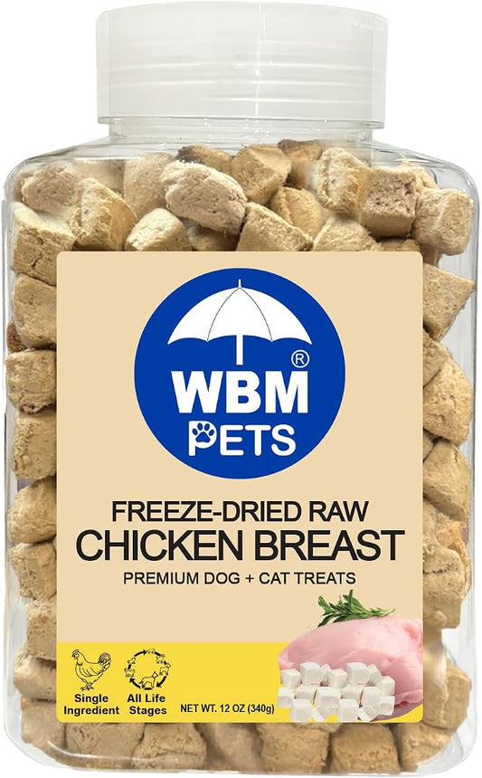 WBM Pets Freeze Dried Dog Treats | Chicken Breast, Single Ingredient | Premium Quality | Grain Free Training Treats for Dogs & Cat, 12 oz Plastic Jar