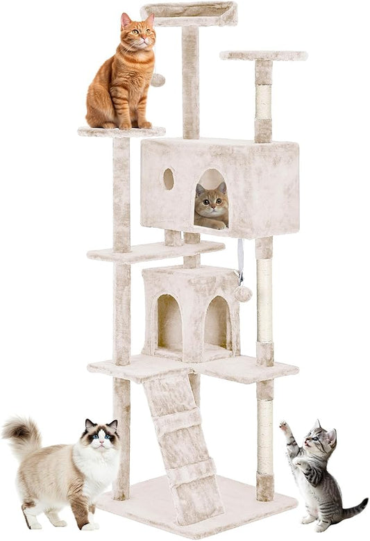 BestOffice 70 Inch Cat Tree, Multi-Level Cat Tower with Condo, Perches, Sisal Scratching Posts, Climbing Ladder,Indoor Activity Center Play House for Kittens & Adult Cats, Beige