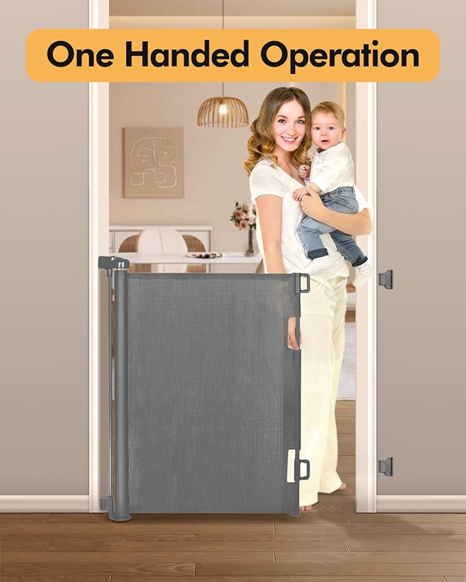 Retractable Baby Gate for Stairs & Doorways,71" Wide x 33.6" Tall Easy Installation Mesh Dog Gate for Indoor & Outdoor Use,Pet and Dog Safety Gate for Hallways(Grey)