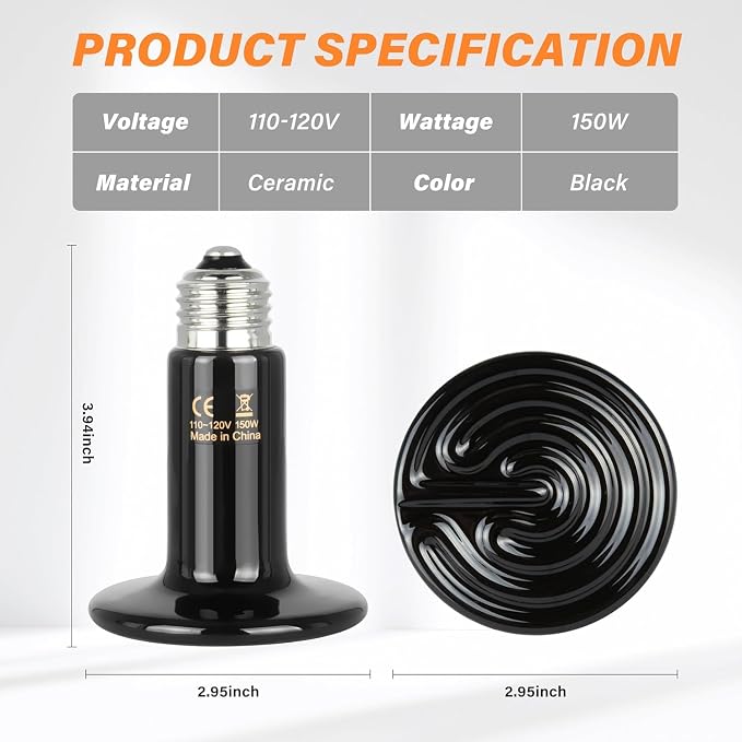 Simple Deluxe 150W Ceramic Reptile Heat Lamp Bulb & 150W Clamp Light with 8.5" Aluminum Reflector, LCD Digital Aquarium Thermometer Combo for Amphibian Pets
