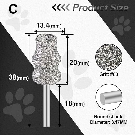 Diamond Dog Nail Grinder Bits - FOCSTOL Diamond Rotory Bit for Dogs&Pets, 2pcs 1/8'' Rotary Nail Grinder Bits for Animals Nail Care (Type C)