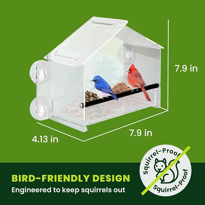 Nature Gear Window Bird Feeder with Strong Suction Cups, Clear Acrylic Window Mounted Bird Feeder, Removable Sliding Tray, Weather-Resistant, Durable, Squirrel-Resistant, Home Style