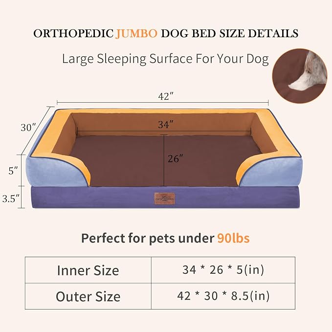 Comfort Expression Orthopedic Dog Bed for Extra Large Dogs 42x30 Inch, Waterproof Egg Crate Foam XL Pet Bed with Bolsters, Dog Couch with Washable Cover & Non-Slip Bottom, Honey Lavender