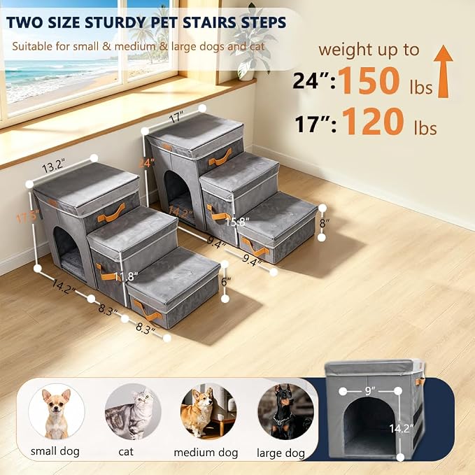 24" H Dog Stairs for High Beds,150 Lbs Capacity | Foldable and 3-Step design with storage & condo compartment, suitable for dogs & cats climbing bed, sofa and car