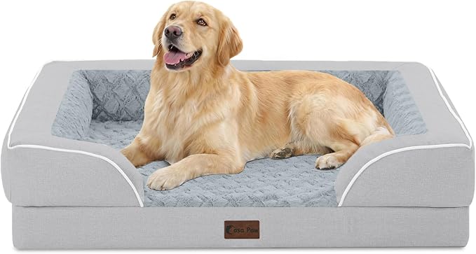 Orthopedic Dog Beds for Large Medium Sized Dogs 36x27 Inch, Medium Waterproof Memory Foam Dog Sofa Bed with Removable Washable Cover Pet Couch with Bolster, Light Grey