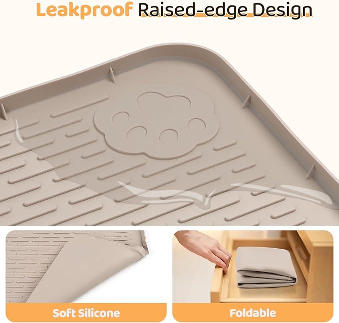 Dog Food Mat, Extra Large 70" x 45" Silicone Pet Feeding Mat with Raised Edge Pet Placemat for Small, Medium, and Large Pets Non-Slip, Easy to Clean (Khaki)