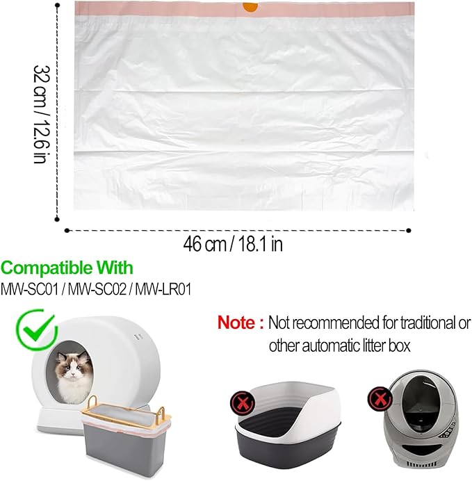 120 Count 18" x 12.6" Cat Litter Box Liners, Replaced Trash Bags Fit for Cat Litter Box MW-SC01/MW-SC02/MW-LR01,Thick Heavy Duty Drawstring Replacement Waste Drawer Liners for Automatic Litter Box