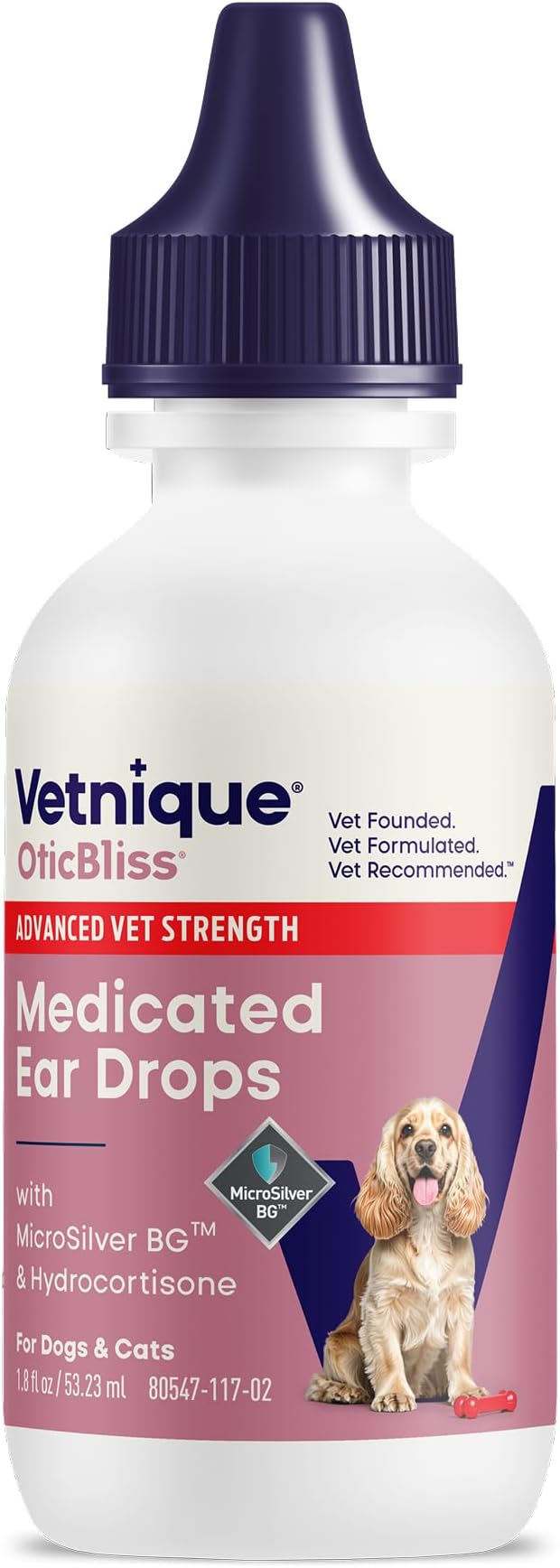 Vetnique Oticbliss Dog Ear Infection Treatment for Dogs & Cats, Otic Ear Solution with 0.2% MicroSilver BG and 1% Hydrocortisone, Medicated Drops for Yeasty Odor, Discharge, Redness, Swelling
