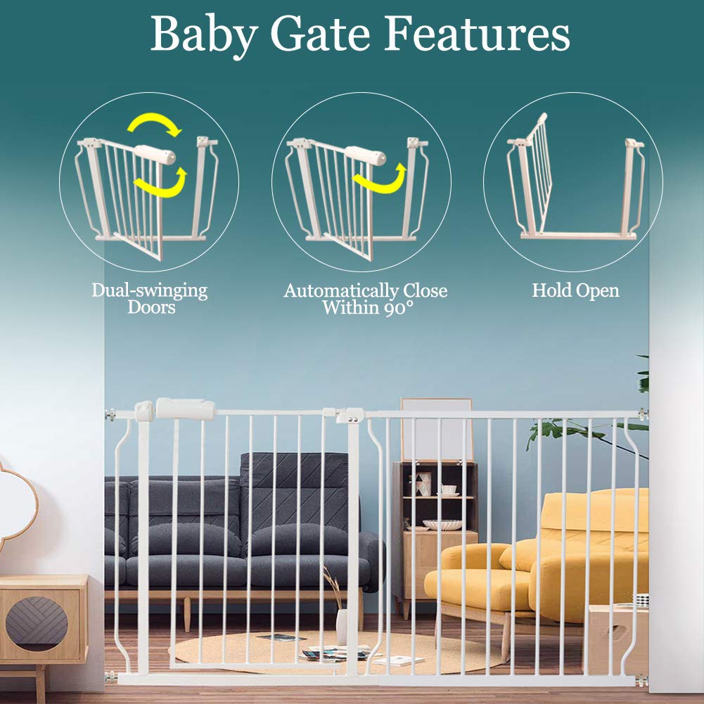 ALLAIBB Extra Wide Pressure Mounted Baby Gate Walk Through Child Kids Safety Toddler Tension White Long Large Pet Dog Gates with Extension for doorways Kitchen (38.58-43.31"/98-110cm)