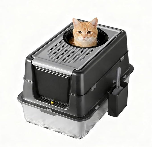 Stainless Steel Cat Litter Box with Dual Entry, Large 24”Enclosed Pan with Front Door & Top Entrance, 180° Flip-Top Lid for Easy Cleaning & Odor Control, for Large Cats & Multi-Cat Homes-Deep Black