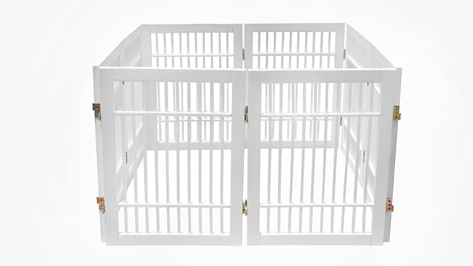 Urnporium Pet Dog Gate Freestanding, Strong Durable Folding Wooden Fence, Portable Acacia Hardwood Safety Barrier for Indoor & Outdoor Use (White Pet Gate, 8 Panel 24" Tall)