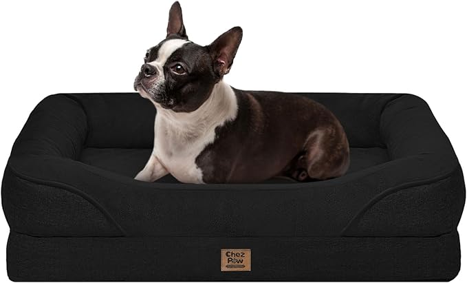 Chez Paw Orthopedic Dog Bed for Medium & Large Dogs, Waterproof Egg-Crate Foam Dog Bed with Removable Washable Cover, 4-Sided Bolster Support & Non-Slip Bottom, Black 36"x27"x7"