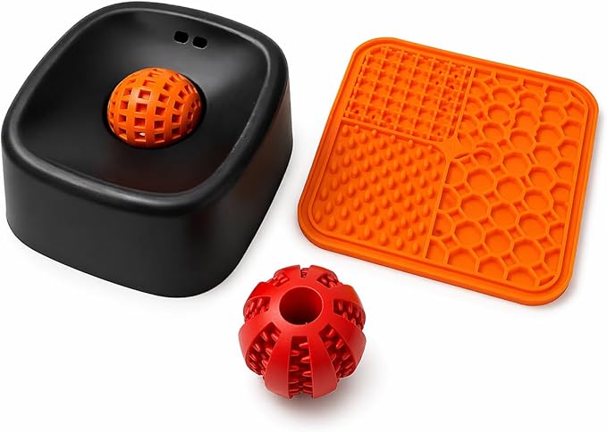 3-in-1 Slow Feeder Dog Bowl Set with Lick Mat, Treat Dispensing Ball, Puzzle Toy Feeder, Non Slip Pet Food Dish, Lick and Roll Feeding Solution, Anxiety Relief, Small Breed Feeding Kit