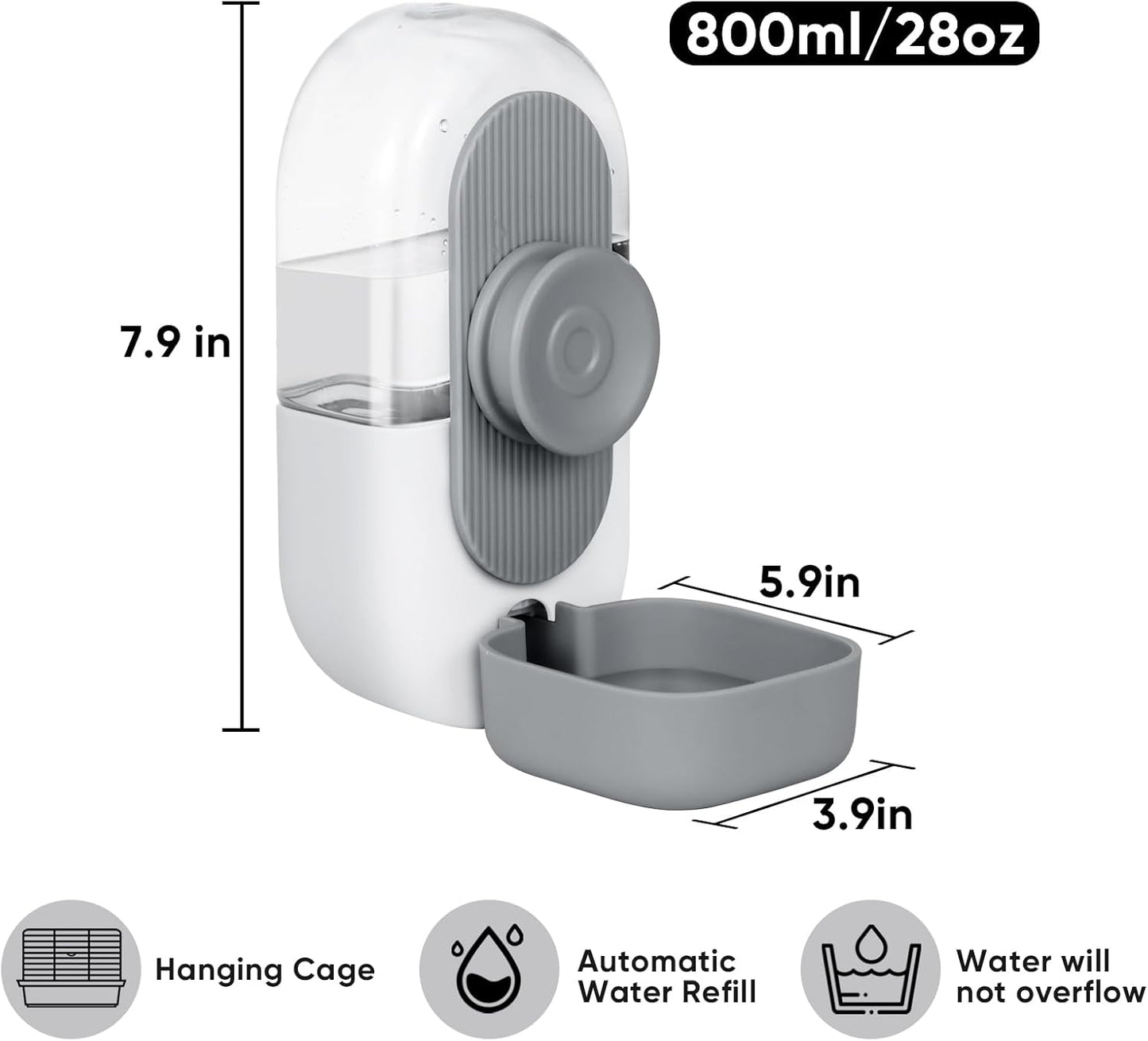 28oz Hanging Automatic Water Dispenser，Rabbit Water Bottle,Bunny Guinea Pig Ferret Water Bowl for Cage,Suitable for Small Animal Puppies(Cage Grid Spacing Over 1.2'') (Gray)