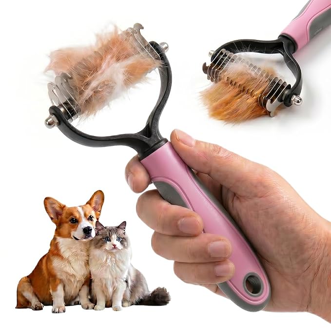 Double Sided Dematting Comb for Cats & Dogs, Undercoat Rake for Small & Large Breeds, Safe Deshedding Grooming Tool for Long Thick Haired Pets, Ergonomic Pet Grooming Brush (Pink, Large)