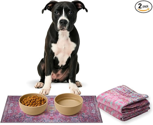 Lovewag Pets Waterproof 2-Pack Pet Feeding Mats - 16" x 24" Premium Cat & Dog Food Mat - Non-Slip, Machine Washable Food Mat Protects Floors & Contains Water Bowl Spills - Place Mats (Mystic Fuchsia)