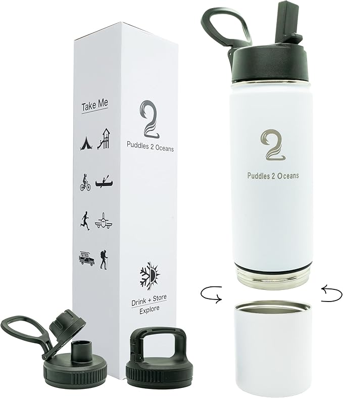 Insulated Water Bottle & Snack Container - Stainless Steel Water Bottle with Storage Compartment, 3 Lid Types BPA Free, Leak & Spill Proof Travel Bottle for Kids & Adults - Snack and Drink Cup