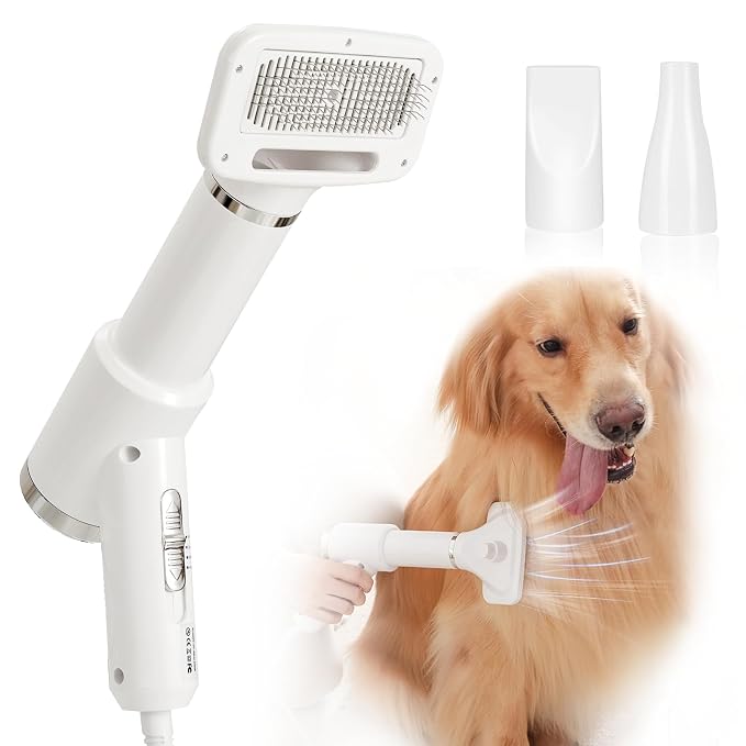 Portable Dog Hair Dryer with Brush – 300W, 3 Heat Settings, Professional, Overheat Protection for Small Medium Pets