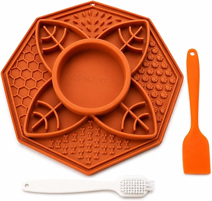 PetThrow Dog Lick Mat Bundle – Octagon Silicone Slow Feeder with Suction Cups, Multi-Texture Design for Anxiety Relief | Includes Spatula, Cleaning Brush & Recipe Card, Dishwasher Safe