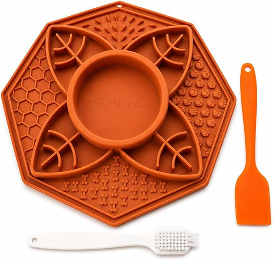 PetThrow Dog Lick Mat Bundle – Octagon Silicone Slow Feeder with Suction Cups, Multi-Texture Design for Anxiety Relief | Includes Spatula, Cleaning Brush & Recipe Card, Dishwasher Safe