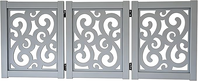 Ashfield & Harkness: 3-Panel Pet Gate - Scroll Grey - Wooden Foldable Freestanding Fence, Small Dogs & Puppy, 48 x 19.3, Indoor-Doorway-Halls-Stairs