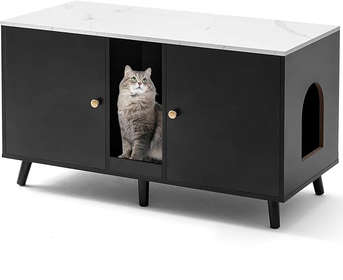 Litter Box Enclosure for Cats, Hidden Cat Litter Boxes Furniture with Cat Scratch Pad, Indoor Pet House with Double Room, Wooden TV Stand Side Table, Black
