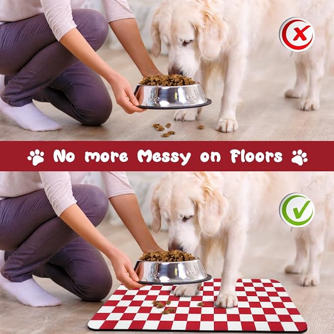 Dog Food Mats for Floors Waterproof, Pet Water Bowl Mats Pet Feeding Absorbent Placemats Plaid 16 * 24 inch