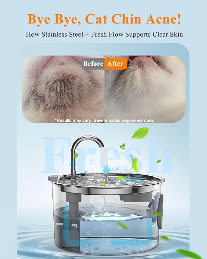 Cat Water Fountain Stainless Steel with 12 Filters Kit [3.2L/108oz] Automatic Water Dispenser with LED Water Level Window, Easy to Clean Metal Pet Drinking Fountain for Kitty to Large Cats Indoor