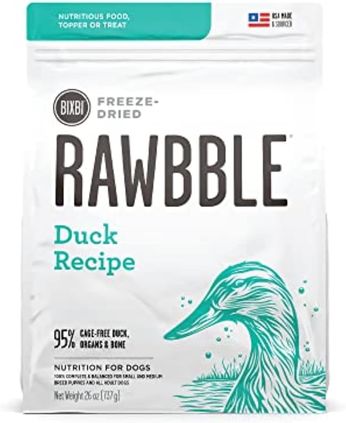 BIXBI Liberty Freeze-Dried Dog Food Topper & Treats, Duck – 95% Meat & Organs, No Refrigeration – USA Made, 26 oz