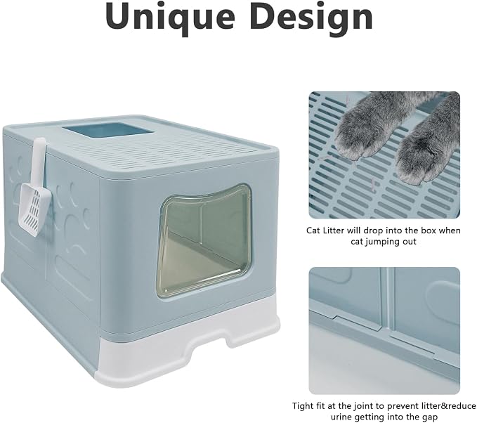 XL Foldable Cat Litter Box with Lid - Jumbo Enclosed Potty - Top Entry Anti-Splashing Toilet - Includes Scoop & 2-in-1 Cleaning Brush (Blue