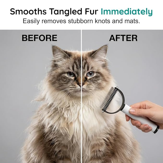Double Sided Dematting Comb for Dogs Cats, 2026 New 2-in-1 Professional Pet Dematting, Deshedding Brush with Metal Comb for Detangling and Dematting Long (Black)