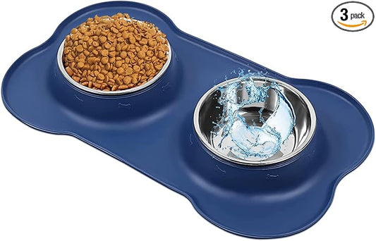 AsFrost Dog Food Bowls Stainless Steel Dog Food and Water Bowl Set, Dog Bowls No Spill Non Slip Silicone Mat, Dog Dishes for Small Medium Size Dogs Cat Puppy Pet Food Feeding Bowls, Blue, 12oz