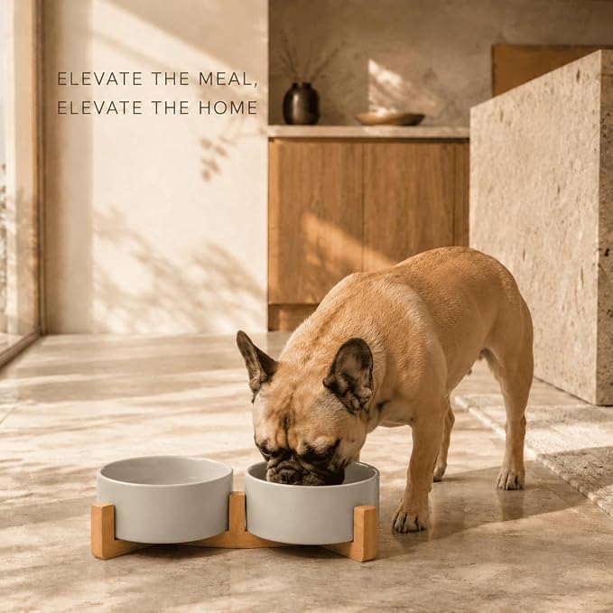 SPUNKYJUNKY Ceramic Dog and Cat Bowl with Wood Stand Non-Slip Matte Glaze Weighted Food Water Set for Cat Medium Dog 28.7 OZ