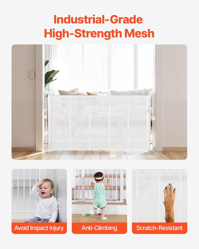 VEVOR Retractable Baby Gate, 34 inch Tall, Extends up to 55 inch Wide, Retractable Gate for Kids or Pets, Mesh Material, Easy to Install for Indoor Stairs, Doorways, Hallways, Playrooms, White