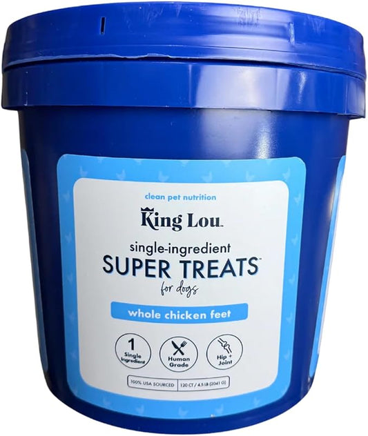 King Lou Pets Whole Chicken Feet for Dogs, Single-Ingredient USA-Made Dehydrated Chicken Treats, Human-Grade Crunchy Dental Chews for Dogs Hip & Joint Support, 120 Count