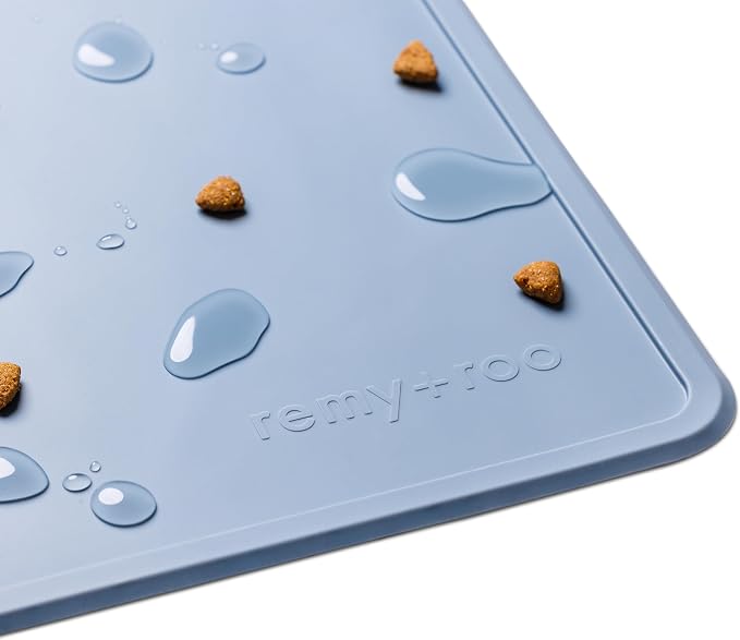 Remy+Roo Dusty Blue Silicone Dog Food Mat for Pet Bowl | 23.6" x 15.7" | 100% Waterproof | Non-Slip | Dishwasher Safe