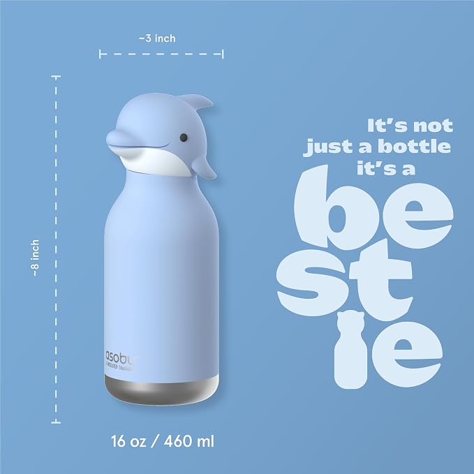 Asobu Bestie Bottle Limited Edition Collectible Kids Water Bottle with Animal Character Lid 16oz (460ml) Insulated Stainless Steel, Leakproof, Reusable with Straw Fun Gift for Girls & Boys