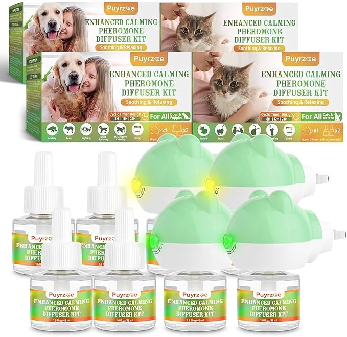 Cat 6-in-1 Calming Diffuser & Dog 6-in-1 Calming Diffuser Set – with Pheromones for Stress Relief, Anxiety Reduction, Includes 4 Diffusers + 8 Refills (for Cats & Dogs)