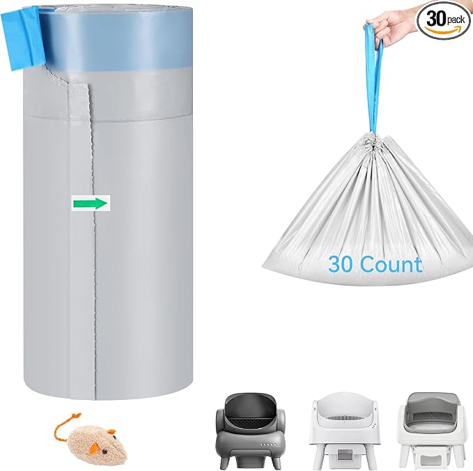 30 Count Automatic Cat Litter Box Liners Bags Compatible with NeakasaM1 Petpivot Autoscooper 11/12 and Similar Open-Top Self-Cleaning Cat Litter Box, Drawstring Handle Heavy Duty Leak-proof, 27*13in